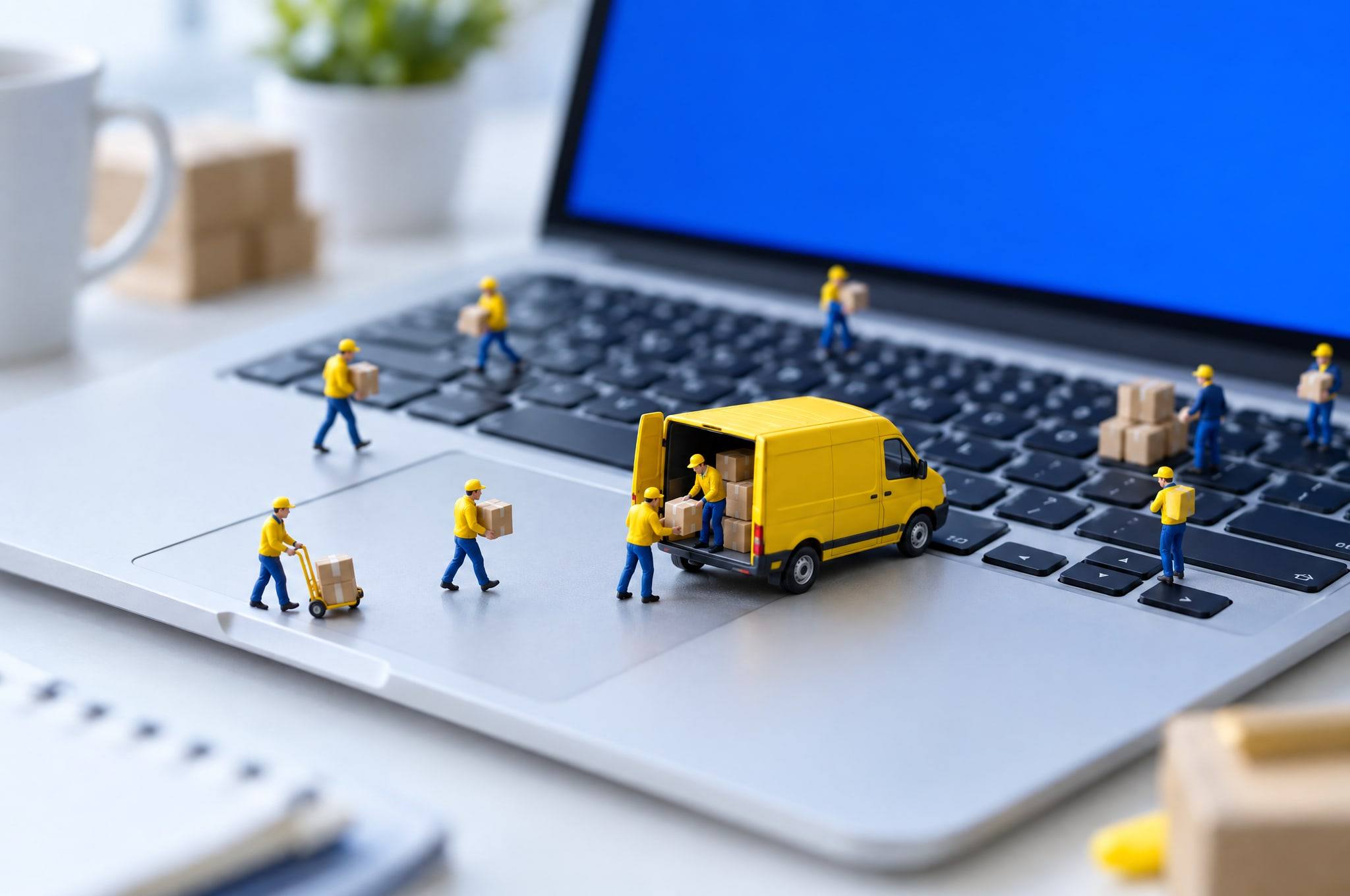 Minijaturni dostavljači utovaraju pakete u žuti kombi na laptopu